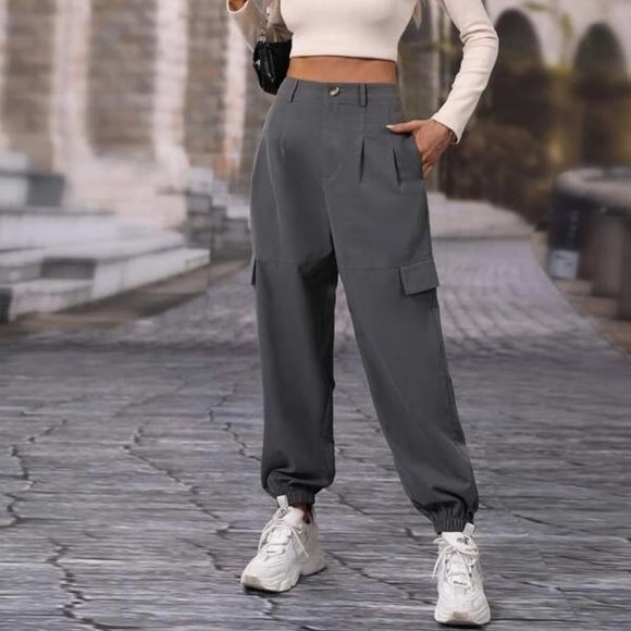 Pants - casual Flap detail button elastic Hem Contemporary carrot Pants gray